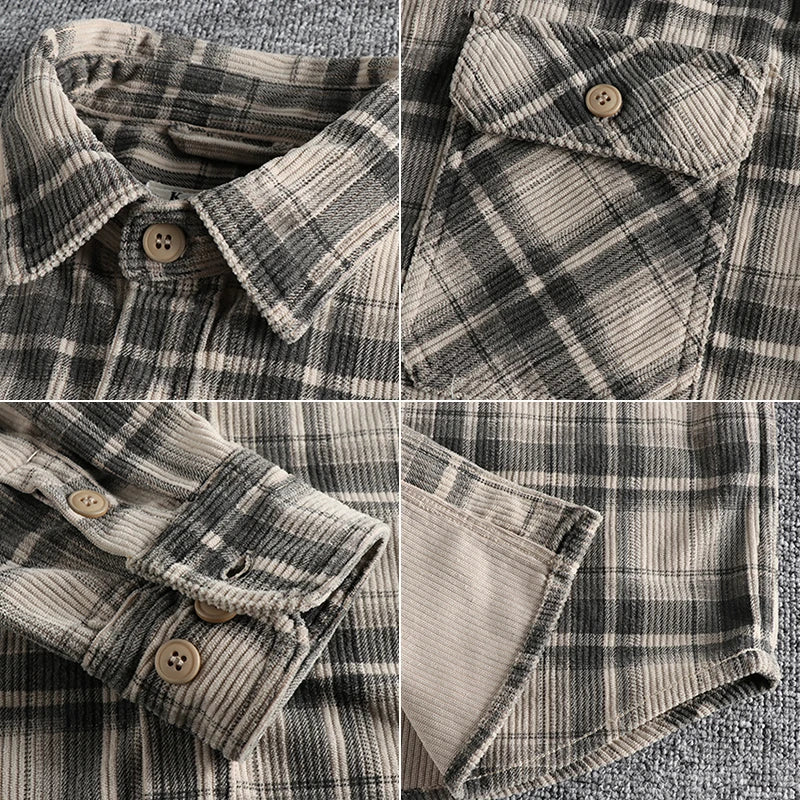 Plaid Woven Corduroy Men Shirts 100% Cotton Spring Autumn Heavy Washed Workwear shirt