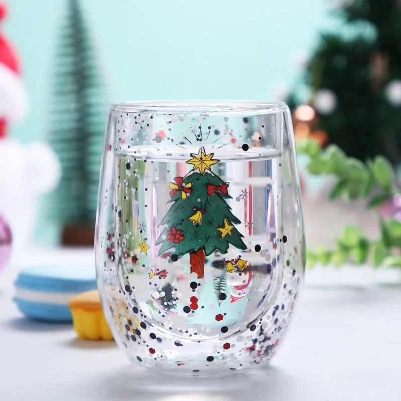 Double Wall Christmas Glass Cup Flowing sequins Christmas tree snowman Coffee Cup Heat Resistant Tea Milk Juice Mug Xmas Gift