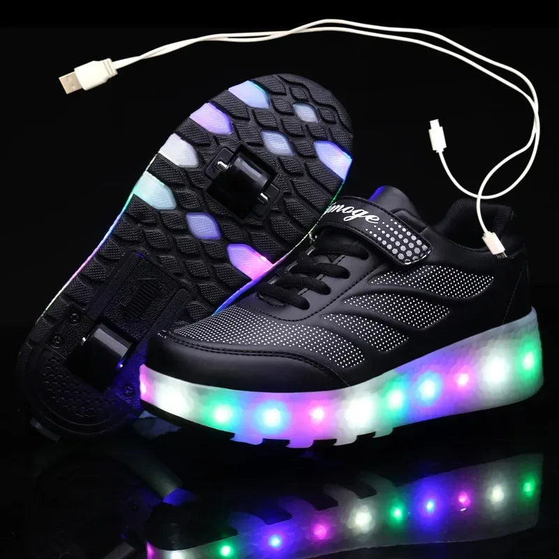 USB Charging Black Two Wheels Luminous Sneakers Led Light Roller Skate Shoes for Children