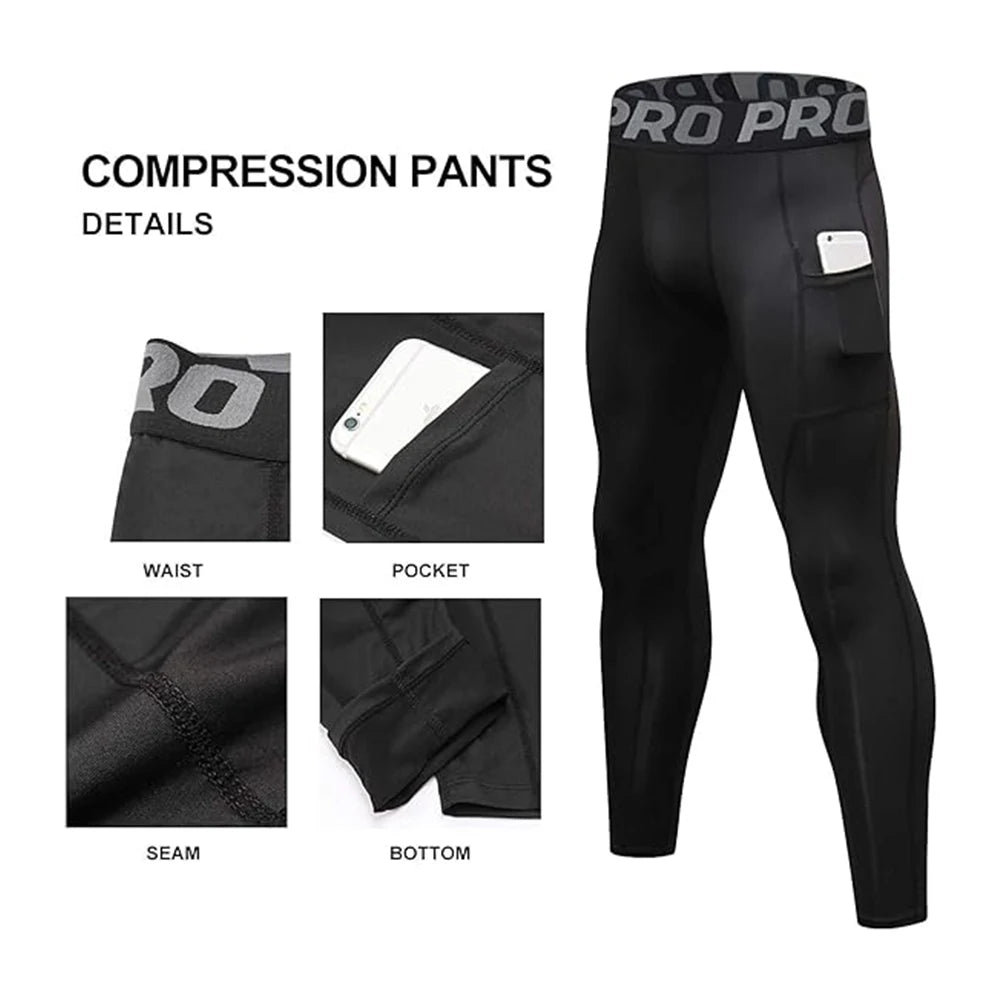 Men's Compression Pants Long Johns for Men Leggings with Pockets Gym Workout Base Layer Running Basketball Athletic Tights