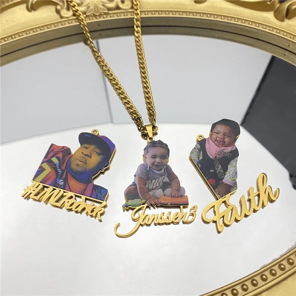 Custom Photo Necklace DIY Picture Nameplate Stainless Steel 5MM Cuban Chain Necklace for Kids Memory Hip Hop Jewelry Family Gift