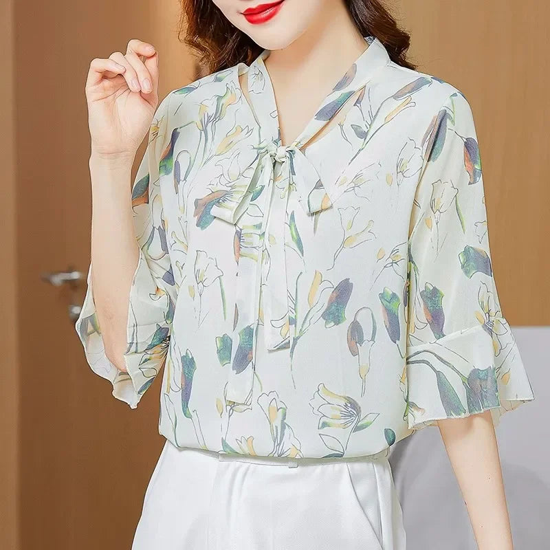 New Summer Women Floral Chiffon Blouse Shirts Loose Bow Lady Shirts Tops