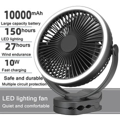 Mini Portable Electric Fan 10000mAh Battery USB Rechargeable Camping Ceiling Clip Fan