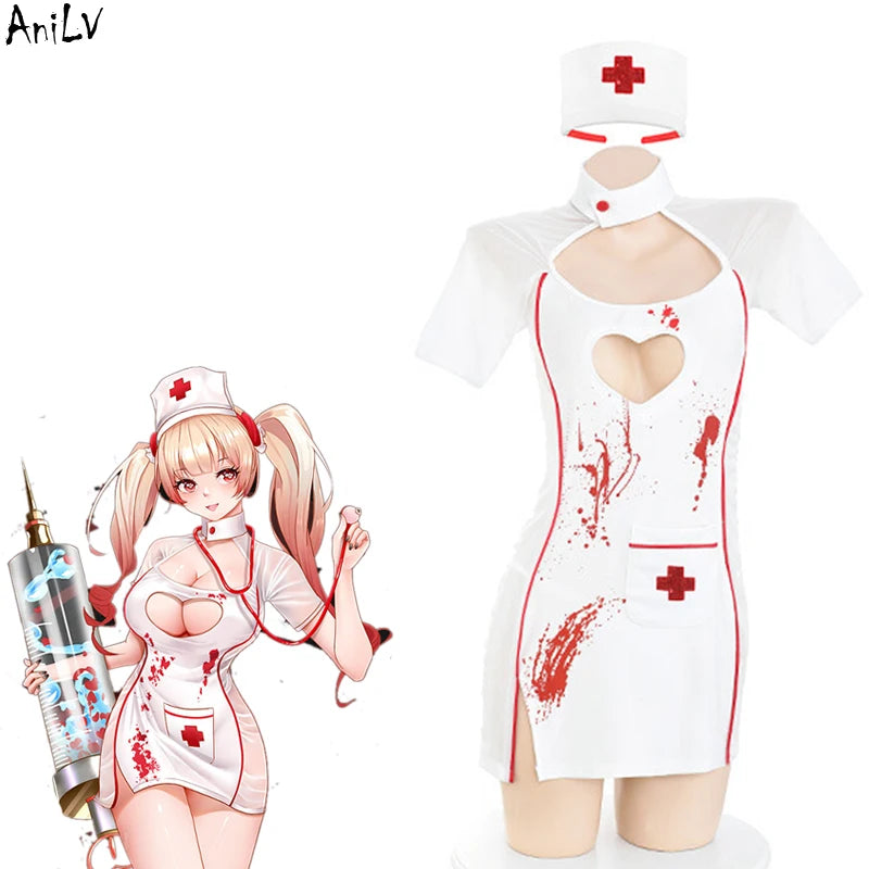 AniLV New Nurse Series Uniform Cosplay Women Sweet Love Heart Hollow Dress Outfits Set Halloween Carnival Costumes