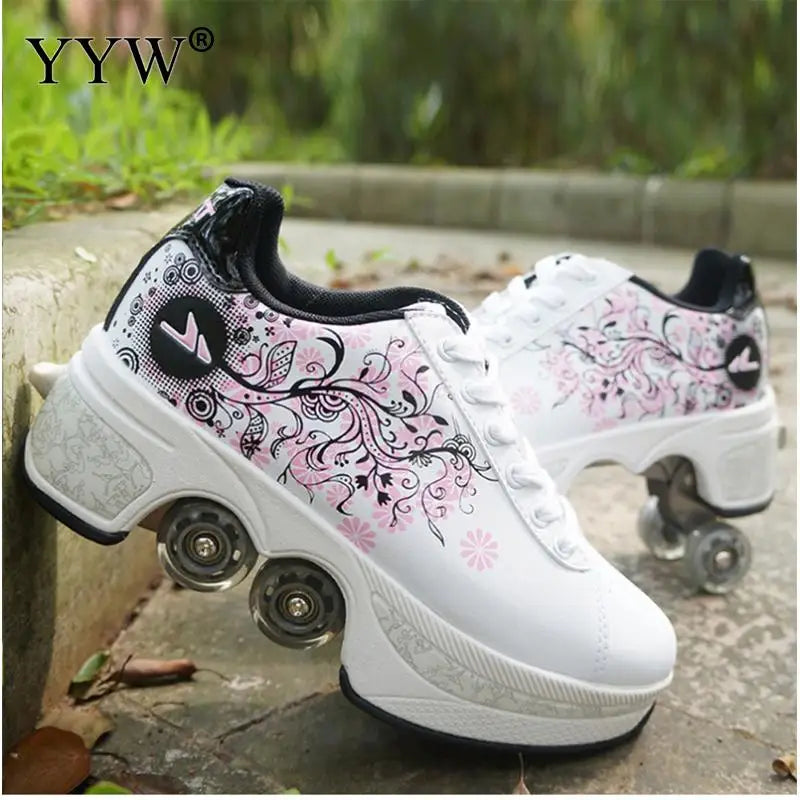 Casual Sneakers Walk Roller Skates Deform Runaway Four Wheel Skates for Adult Men Women Unisex Child Deform Wheel Parkour Shoes