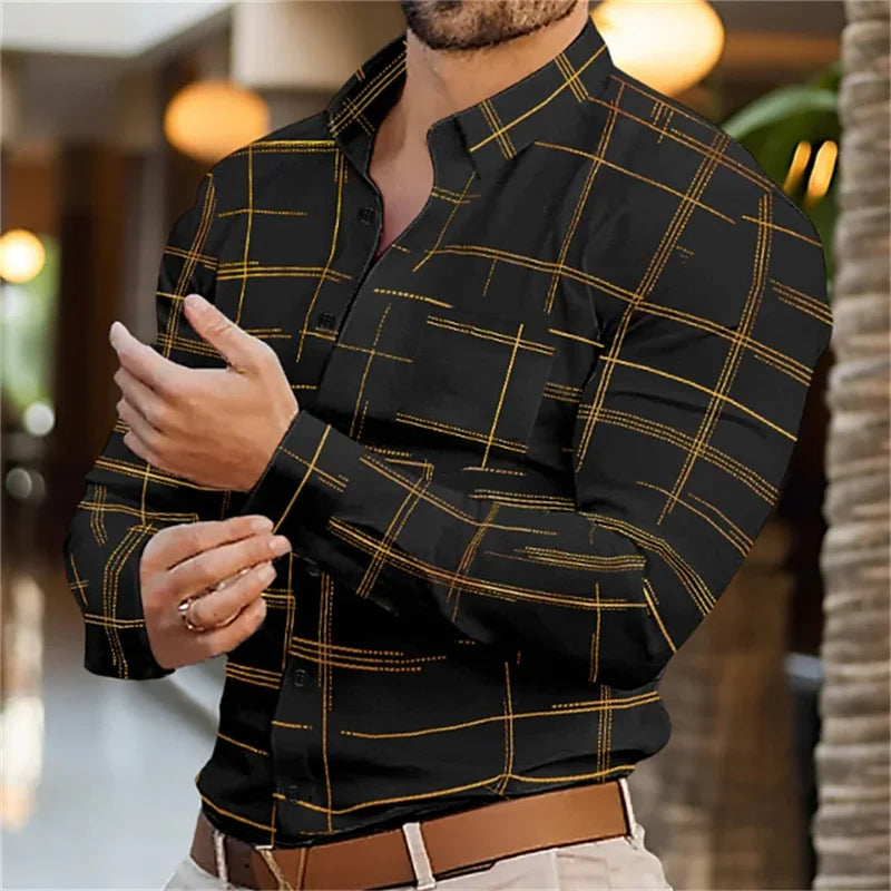 Brand New Boyfriend Shirt Long Sleeve Slim Fit Button Lapel Men's Tops 2024 Fall Fashion 3D Stripe Print Party Shirt