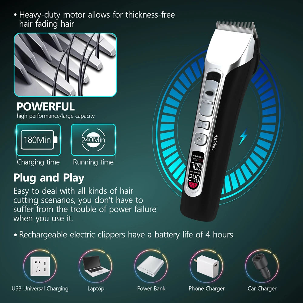 Professional Hair Clipper Titanium Ceramic Blade Hair Trimmer LCD Display