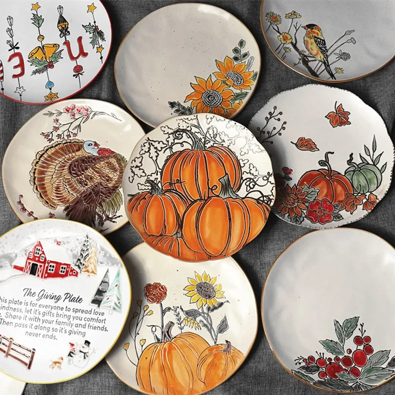 Nordic Ceramic Picnic Plate Hand-painted Pumpkin Dinner Plates