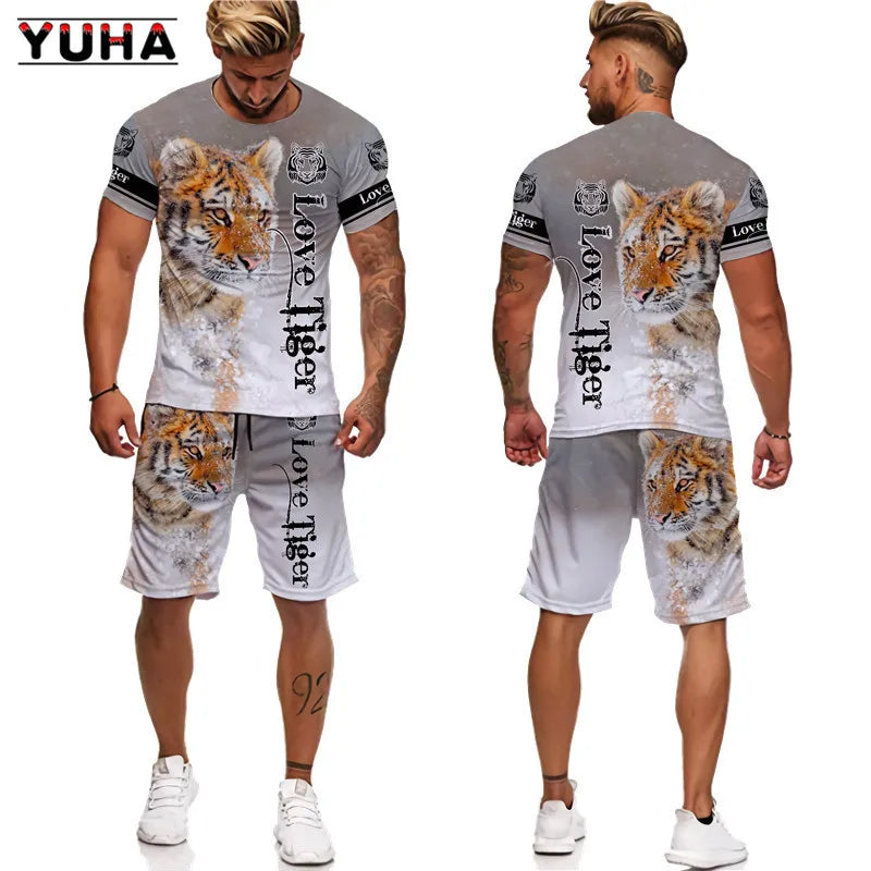 YUHA,Tiger King 3D Printed Men's T-shirt+Shorts Suit Unisex Cool Animal Summer O-Neck Tops