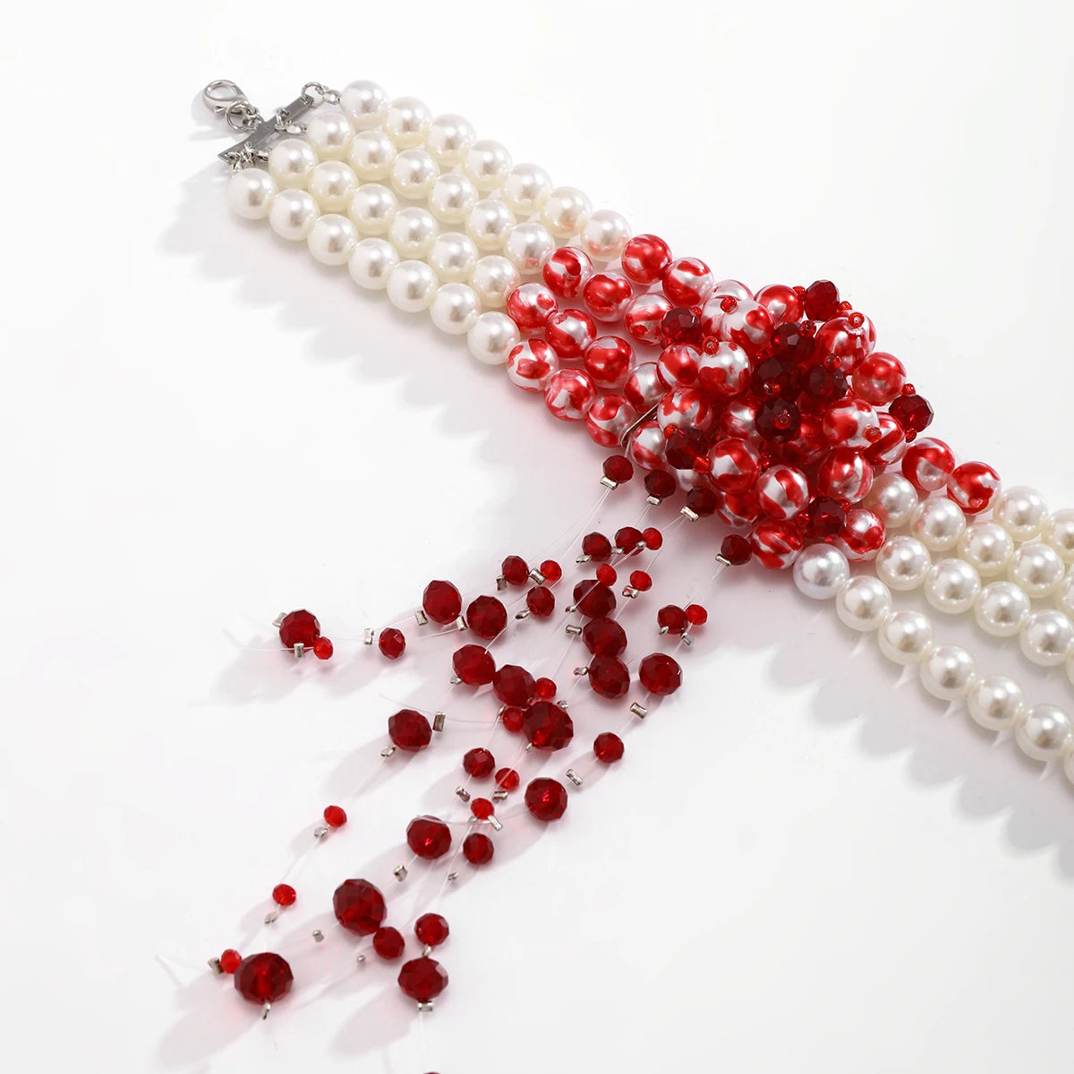 Multilayer Imitation Pearl Necklace For Women Gothic Drop Oil Red Crystal Tassel Choker Necklace Halloween Jewelry