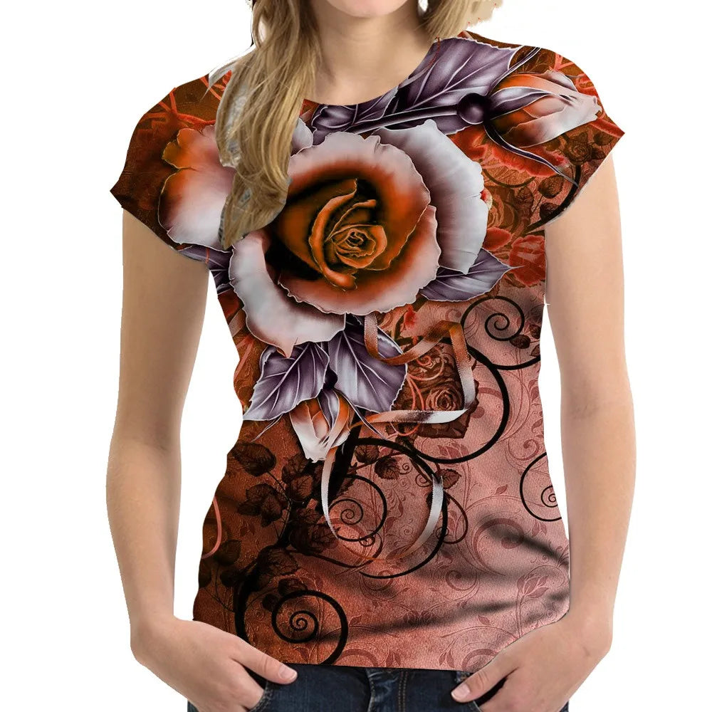 Women's Tshirts Rose Printed T Shirt Ladies Fashion Tee Shirt