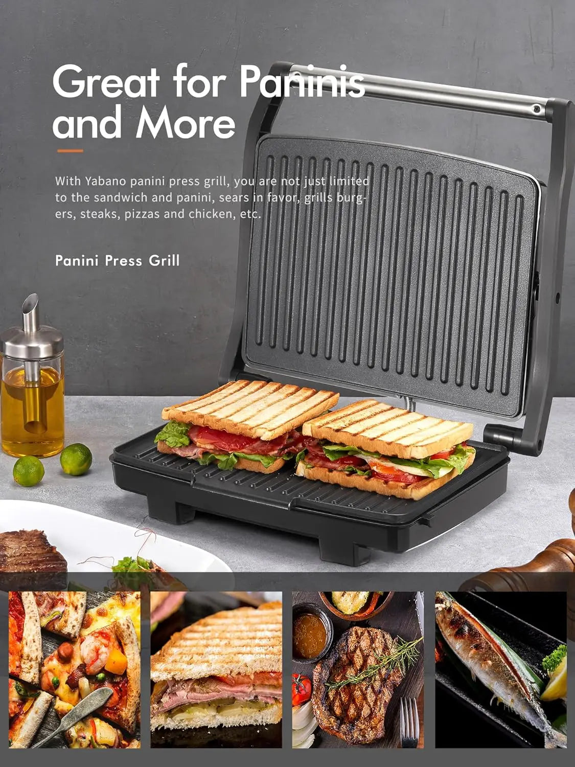 Panini Press Grill, Gourmet Sandwich Maker, Electric Indoor Grill with Non-Stick Cooking Plate and Removable