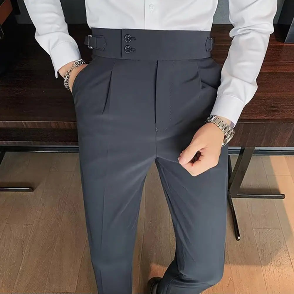 Men's Office Trousers Slim Fit High Waist Vintage Pockets for Formal Business Style Men Pants