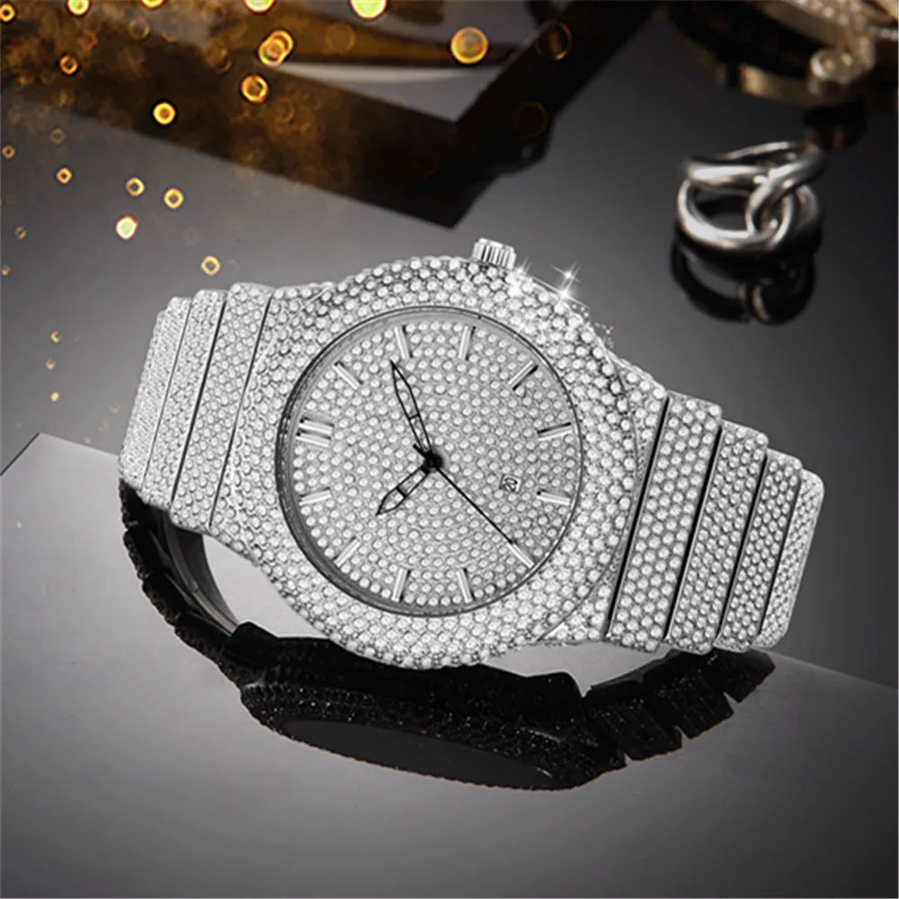 Big Brand Watches For Male Fashion Alloy Band Hip Hop Diamond Golden Date Quartz