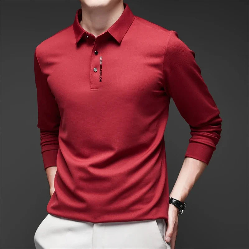 New Men's Business Casual Long Sleeved Shirt with Badge Solid Color Polo Shirt Fashionable Breathable Comfortable Versatile Top