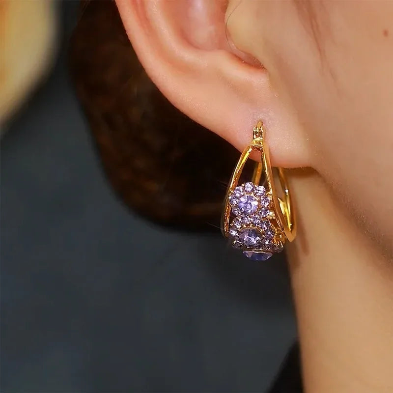 Exquisite Purple Zircon Flowers Hoop Earrings for Women Fashionable Individuality Daily Accessory Party Jewelry