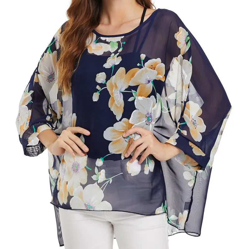 Women chiffon Blouse half Sleeve Beach shirt O-neck Loose summer floral print Casual Bohemian Boho Top