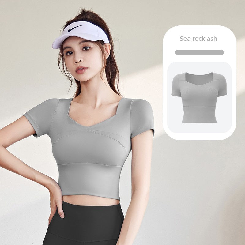 Women's Short-Sleeved Quick-Drying Skinny Yoga Clothes with Chest Pad in Summer