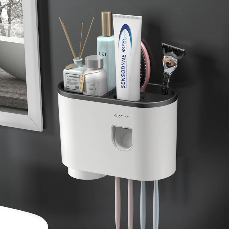 WIKHOSTAR Automatic Toothpaste Dispenser Multifunctional Storage Rack Wall Mounted Toothbrush Holder