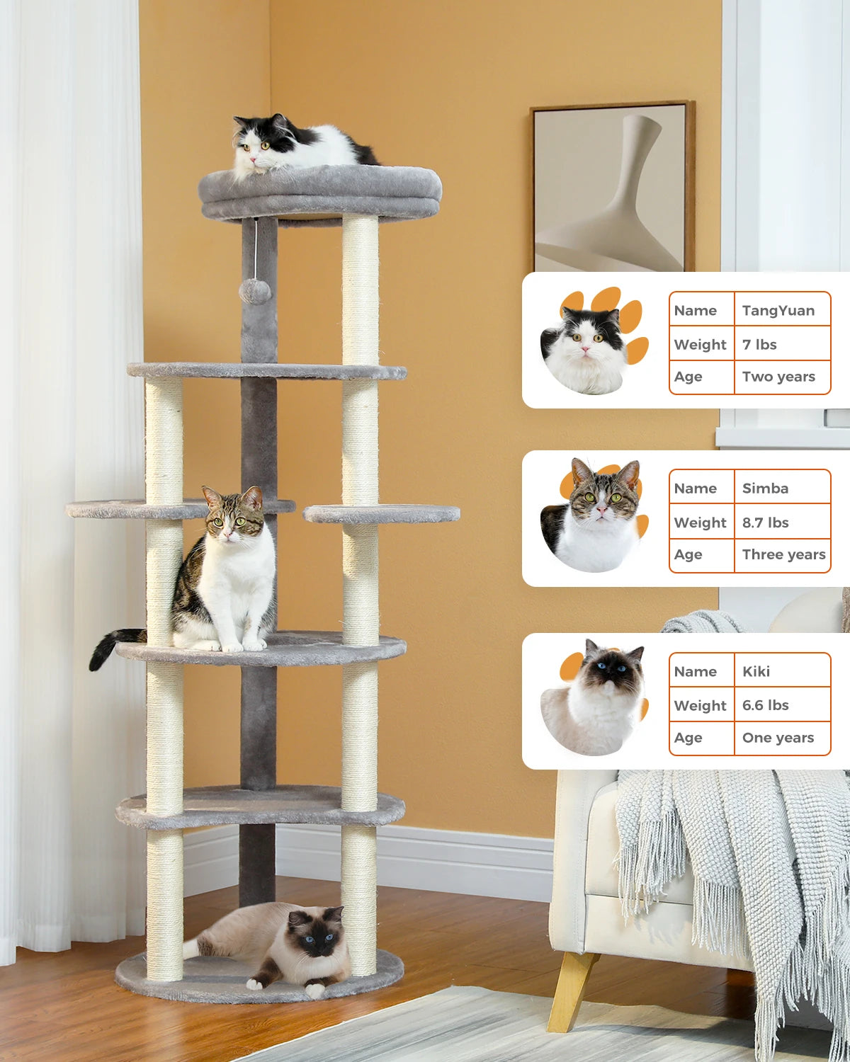 Tall Cat Tree for Indoor Cat 6-Levels Climbing Tower with 9 Scratching Post Wrapped in Natural Sisal Rope Large Top Perch