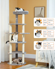 Tall Cat Tree for Indoor Cat 6-Levels Climbing Tower with 9 Scratching Post Wrapped in Natural Sisal Rope Large Top Perch