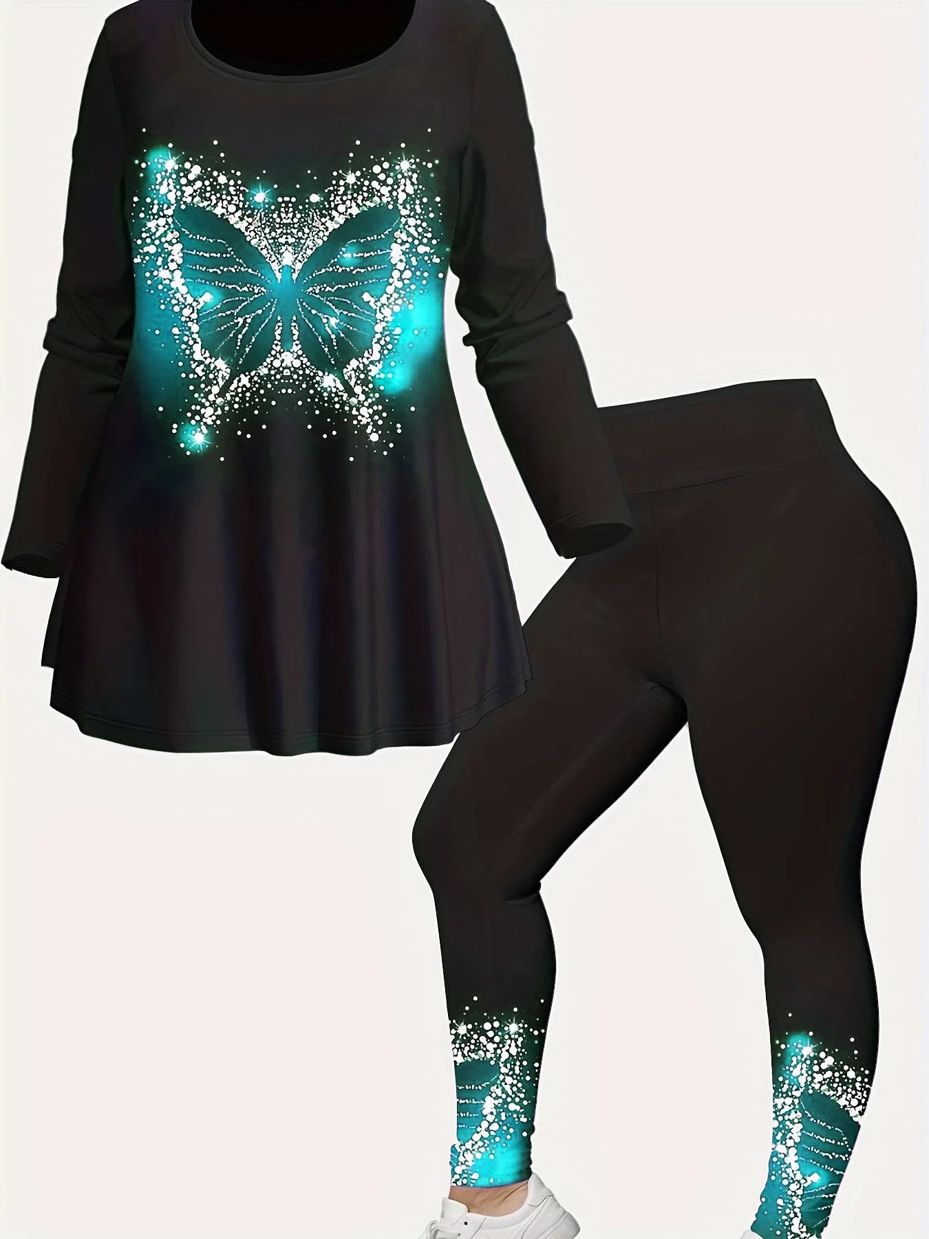 Women Matching Set Long Sleeve Spring Plus Size Black Butterfly Print Two Piece Top and Pants