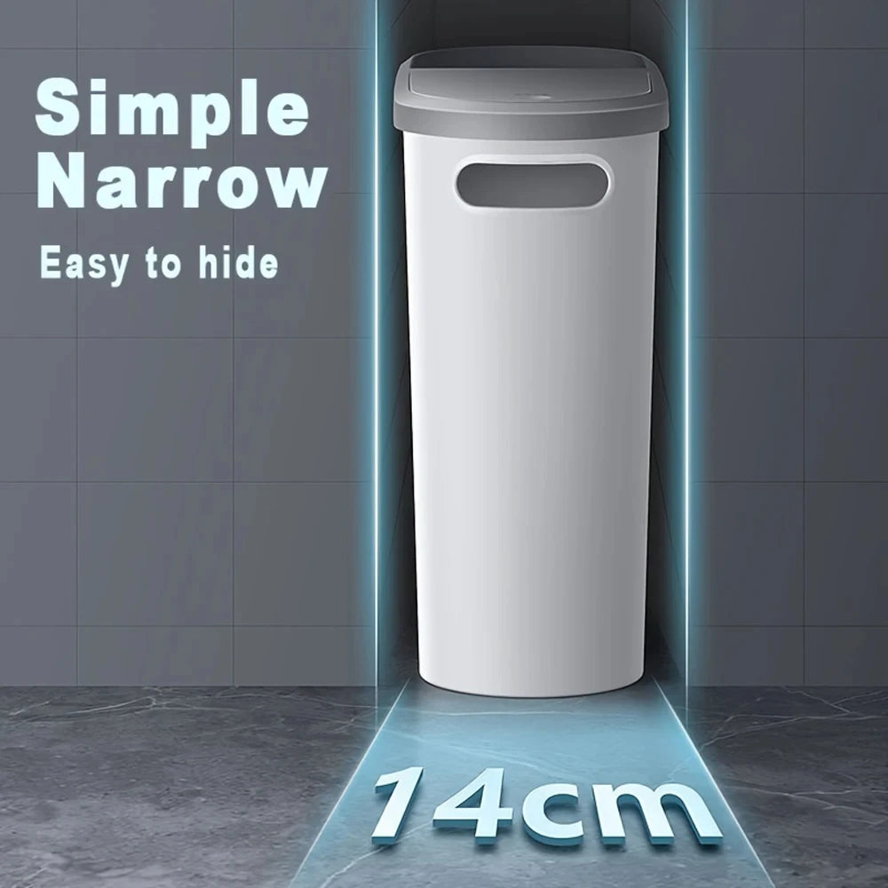 Slim Plastic Trash Bin With Lid,Easy Press-Top,Space Saving Design, Suitable For Bathroom Kitchen Living Room