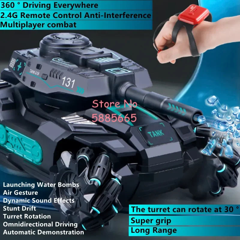 Omnidirectional Driving Remote Control Tank Car 2.4G Smart DEMO Turret Rotation Launch Water Bombs 360° Drift Tank Stunt RC Car