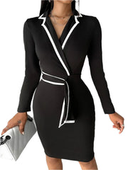 Women Elegant Colorblock Contrast Binding Notched Collar Blazer Dress