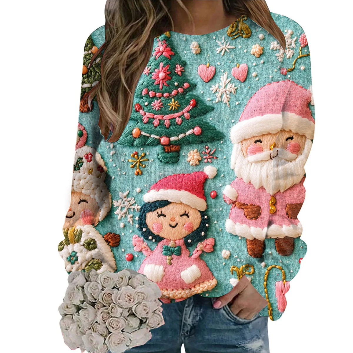 Women's Christmas Santa Claus Print Sweatshirt Casual Long Sleeve Crew Neck Sweatshirt