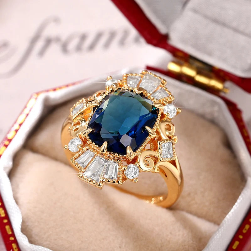 Blue Cubic Zirconia Lady Rings for Vintage Party Temperament Elegant Women Finger-ring