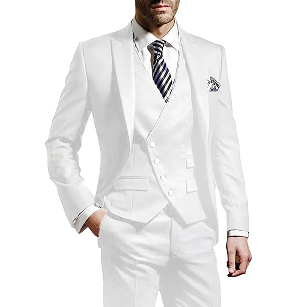 White Men Wedding Suits Groom Wear Peak Lapel Wedding Groom Tuxedos Business Party Suit 3 Pieces (Jacket+Vest+Pant）Costume Homme