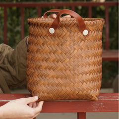 Foldable Woven Storage Basket with PU Handles Imitation Rattan Wicker Box Home Decor