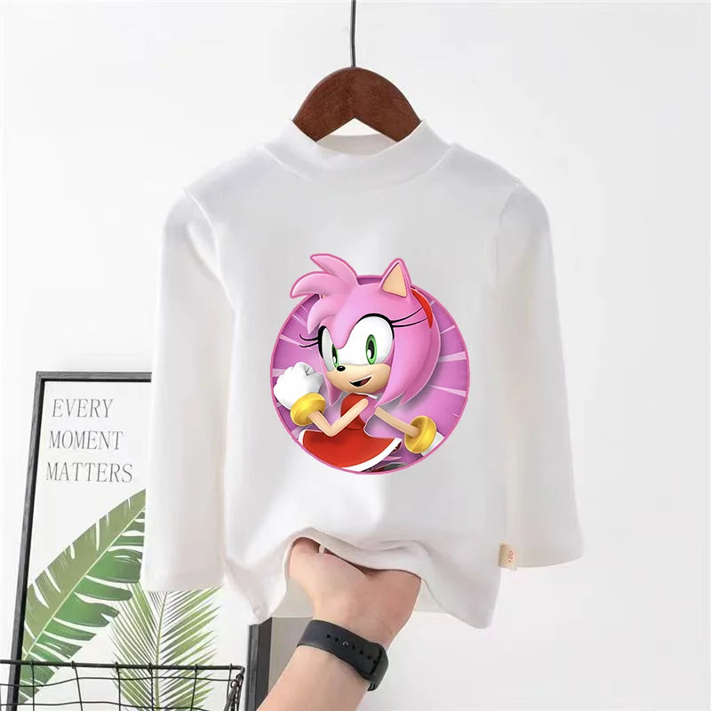 Sonics Print Long Sleevese Pure Color Women T-shirt Top Cotton Casual Cute Cartoon Anime Sweat Absorbent Breathable Shirt Kids