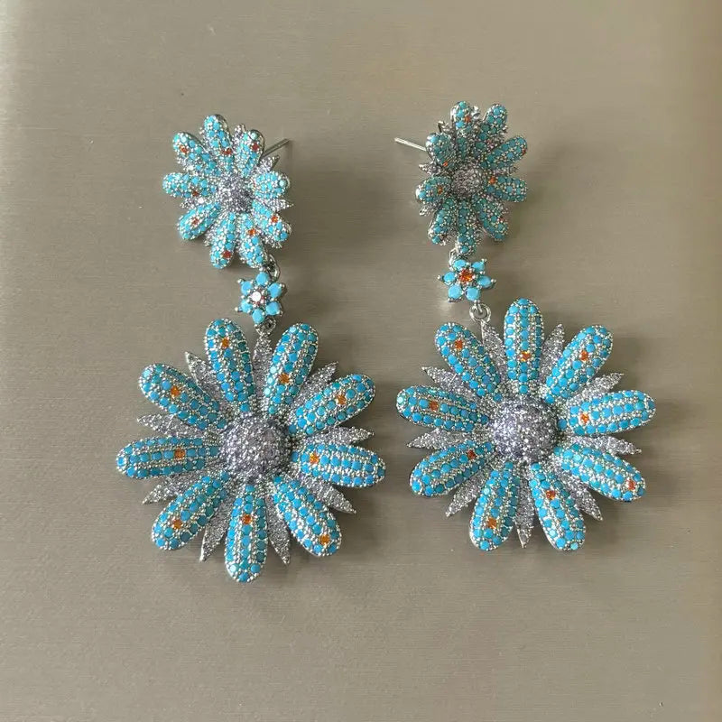 Bilincolor Luxury Blue Flower Earrings for Women Wedding Jewelry Gift