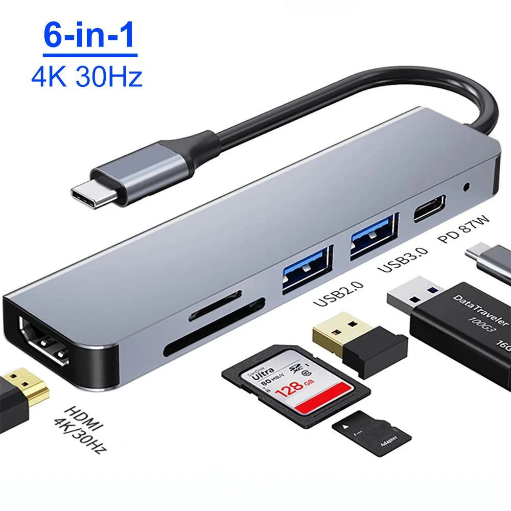 6-in-1 USB C HUB 4K 30Hz Type C to HDMI Adapter PD 87W USB Splitter USB Adapter