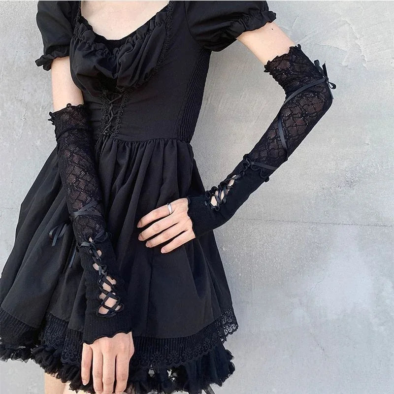 Women's Lace Fingerless Gloves Black Gothic DIY Shoulder Straps Sun Protection Sleeves Clothing Accessories