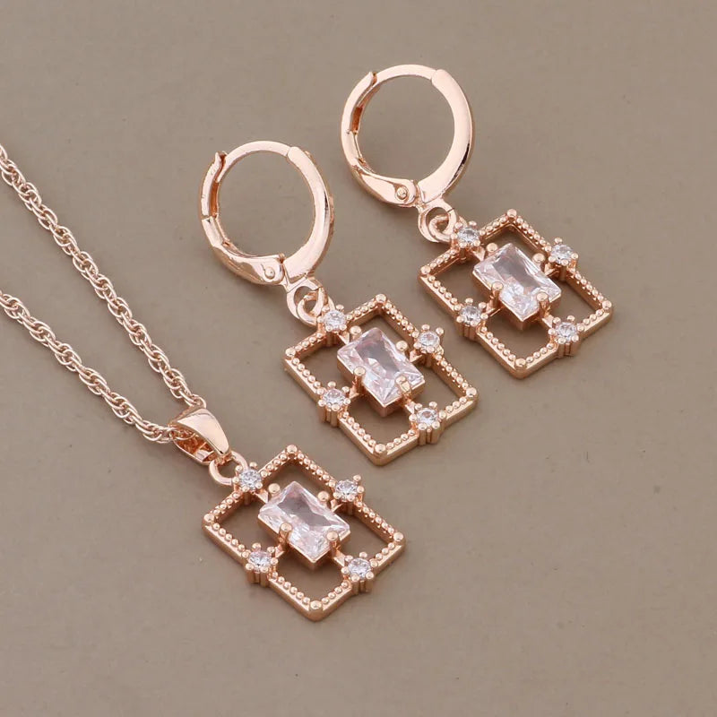 New Trend Luxury Necklaces And Earrings Set Rose Gold Color Simple Rectangle Geometry Zircon Wedding Elegant Jewelry Sets