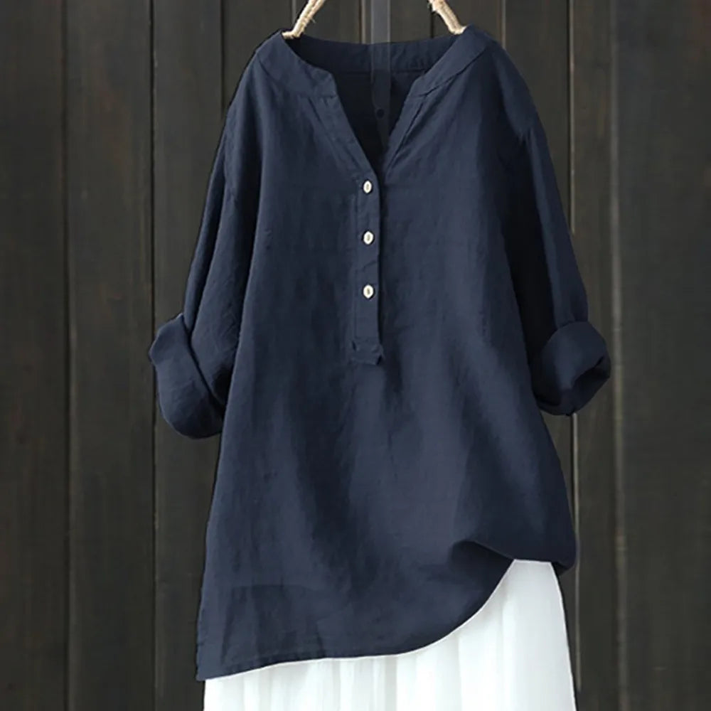 Cotton Linen Shirts Casual Loose Blouse Blended Oversize Long Sleeved V Neck Tops