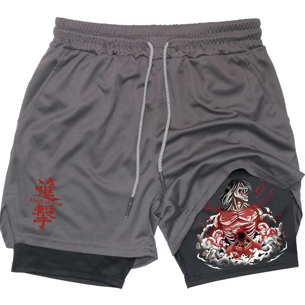 Anime Gym Shorts Men Fitness Gothic Manga 2 in 1 Performance Shorts Mesh Quick Dry Athletics Short Pants