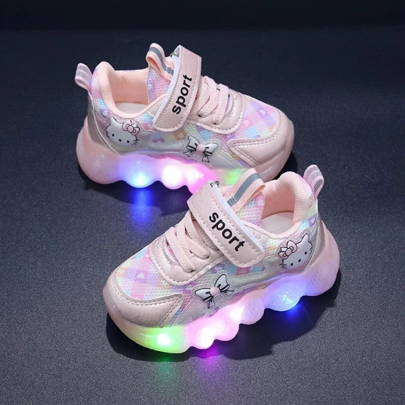 Cute Hello Kitty Casual Shoes for Baby Girl Children Led Light Sneakers Kids Shoes