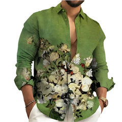 Vintage 2023 Men's Shirt Floral 3D Printing Lapel Long Sleeve Outdoor Streetwear Fashion Dress