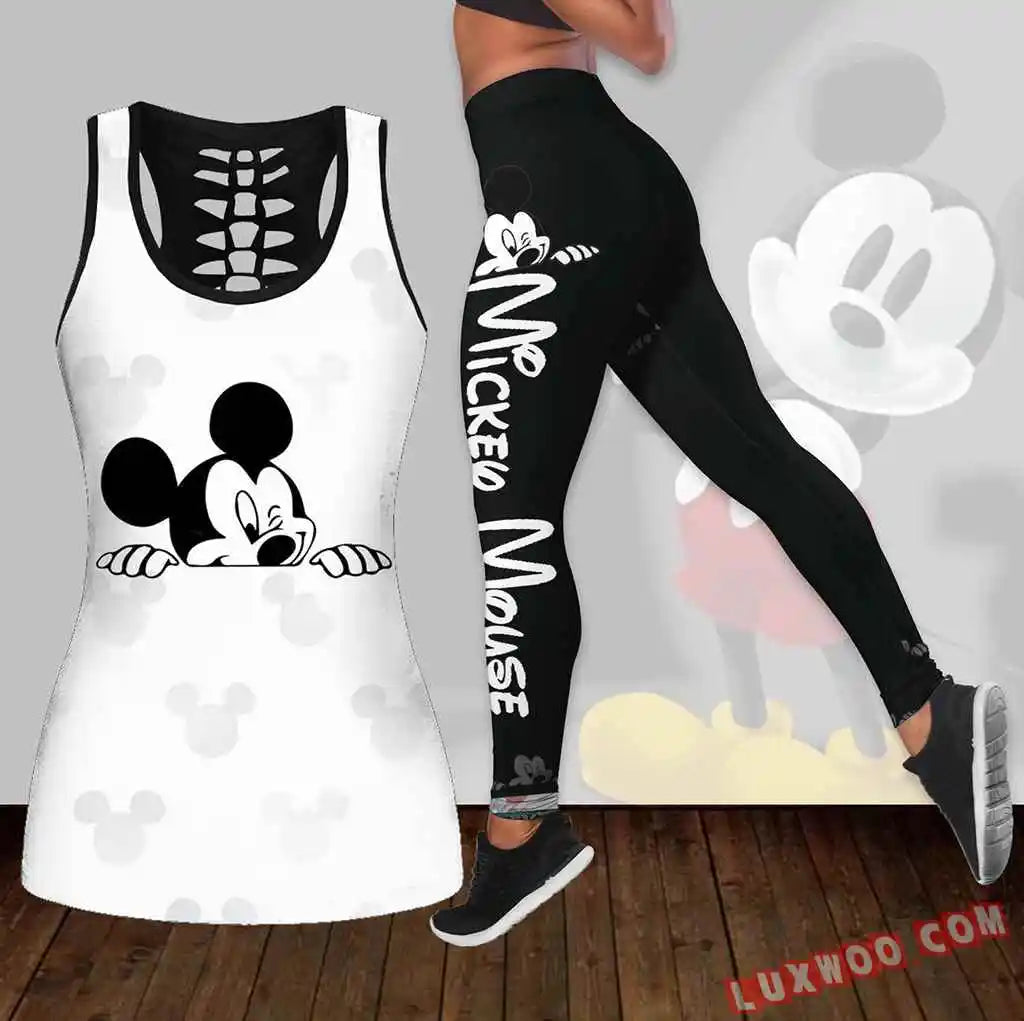 Disney Stitch Women's Hollow Tanktop Leggings Yoga Set Summer Fitness Leggings Tracksuit