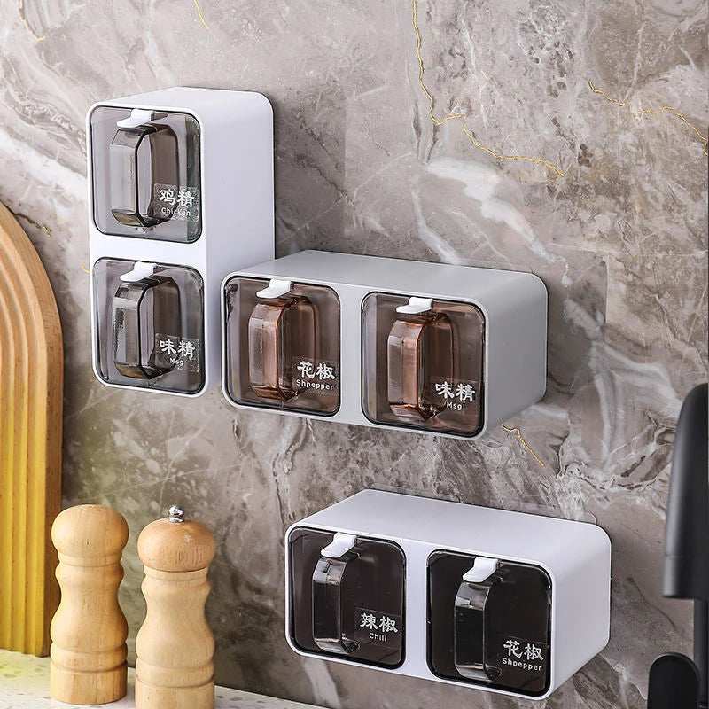 Wall Mount Seasoning Organizer Box Set Salt Shaker Spice Rack Compartment Storage Box