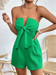 Women's Casual V-neck Lace-Up Jumpsuit Wrap Chest Strapless Backless Elastic Waist