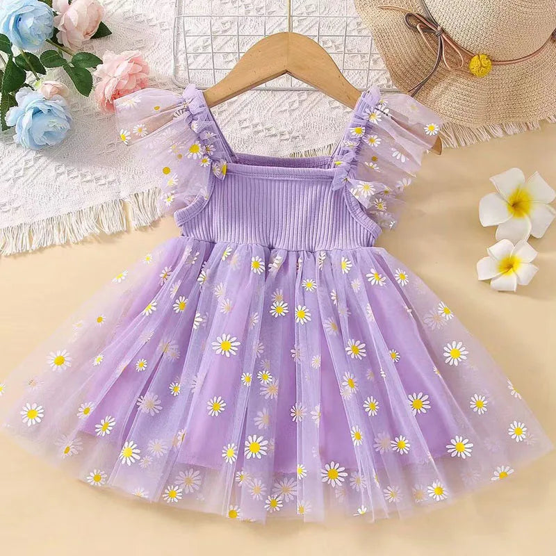 Daisy Flower Girls Birthday Dress Kid Children Clothing Petal Sleeves Party Christmas Knee Length Mesh