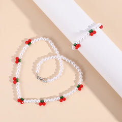 Makersland Cute Red Cherry Acrylic Children's Bracelet Necklace Set Girls Charm Gift Kid's Jewelry Accessories Wholesale