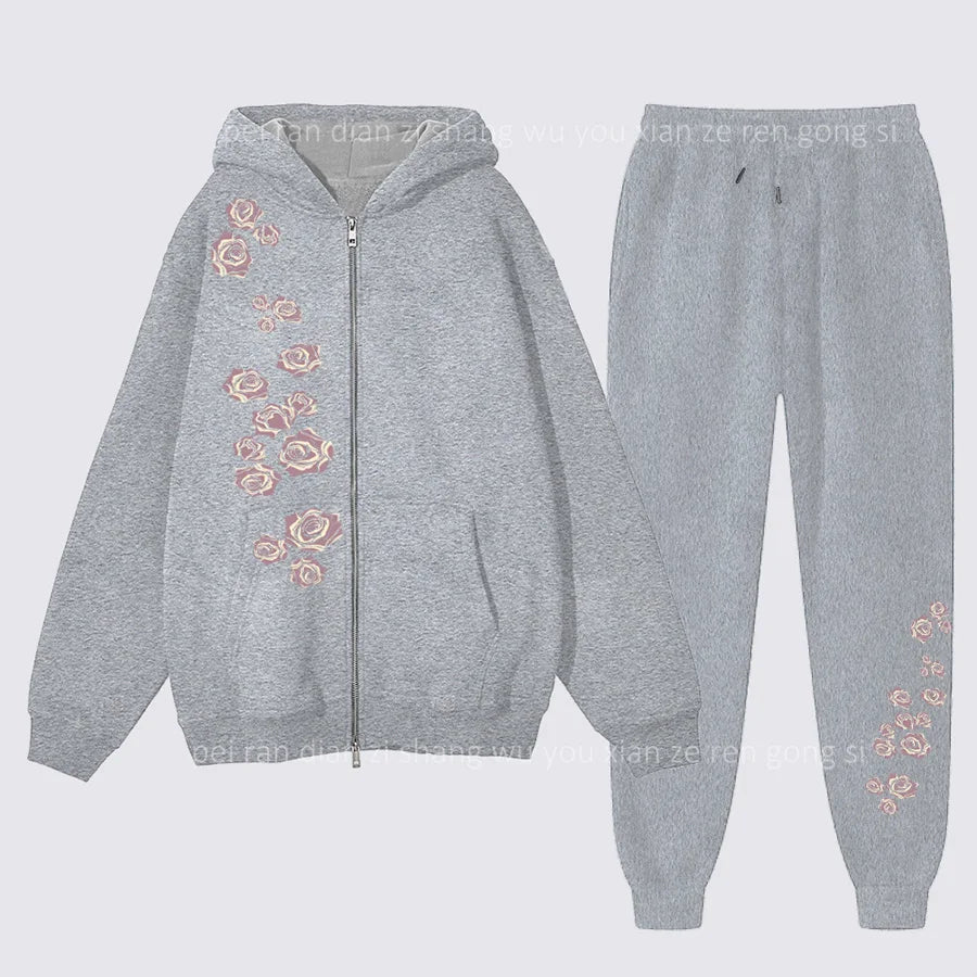 pants Sets Women's Hoodie and pants Two-piece Zipper High Quality Oversize Clothing Aesthetic Rose Graphic PrintFemale Tracksuit