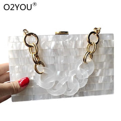 Pearl White Marble Acrylic Clutch Bag Striped Patchwork Luxury Brand Women  Handbags