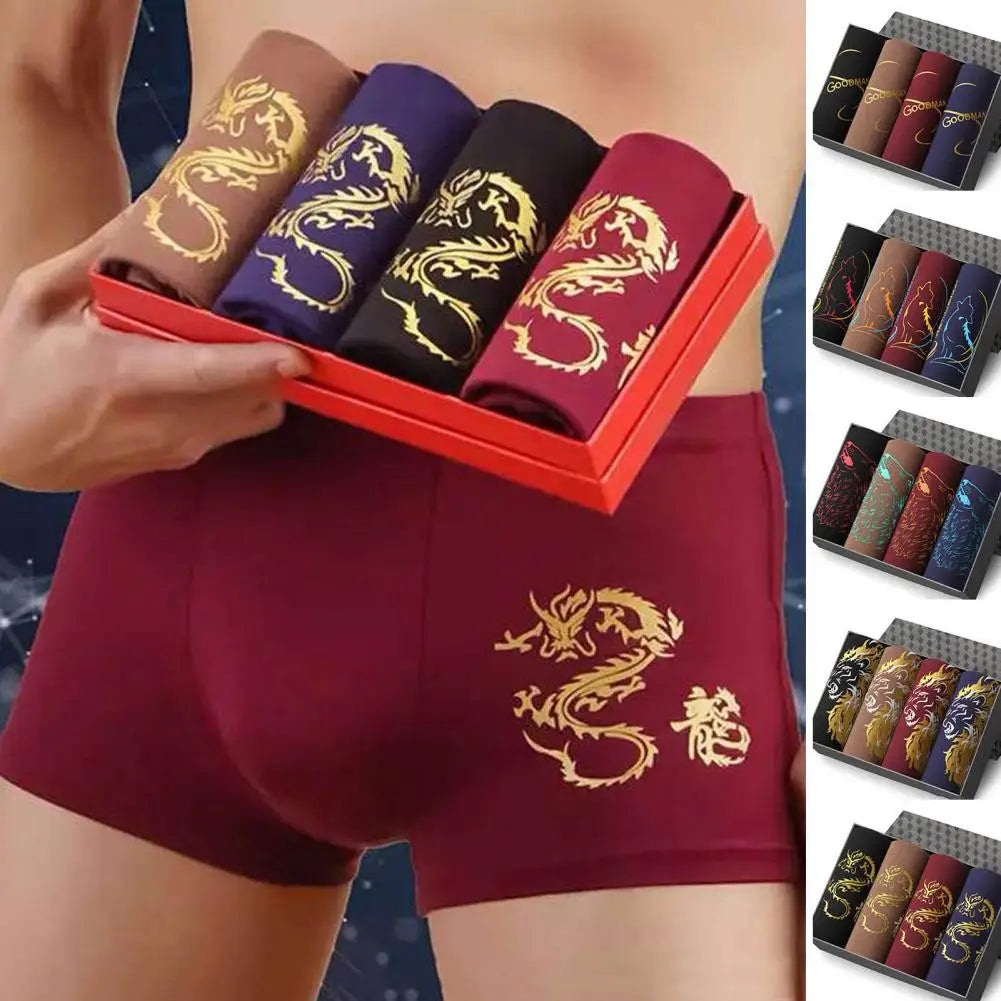 Men Dragon Print Undergarments 4 Pcs Men's Seamless Soft Breathable Boxers